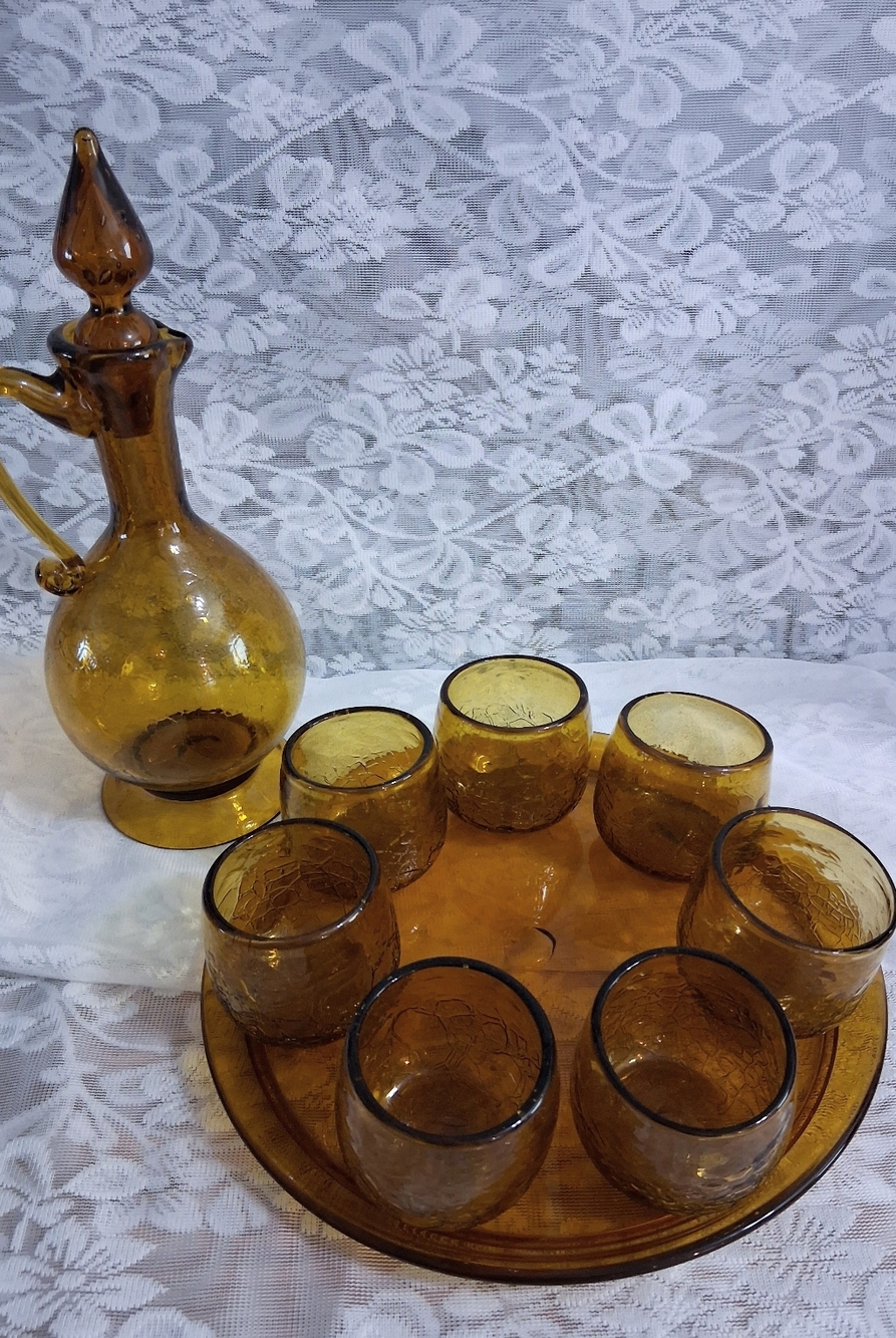 Vintage MCM Blown Amber Crackle Glass Decanter Set 7 Cups And Tray